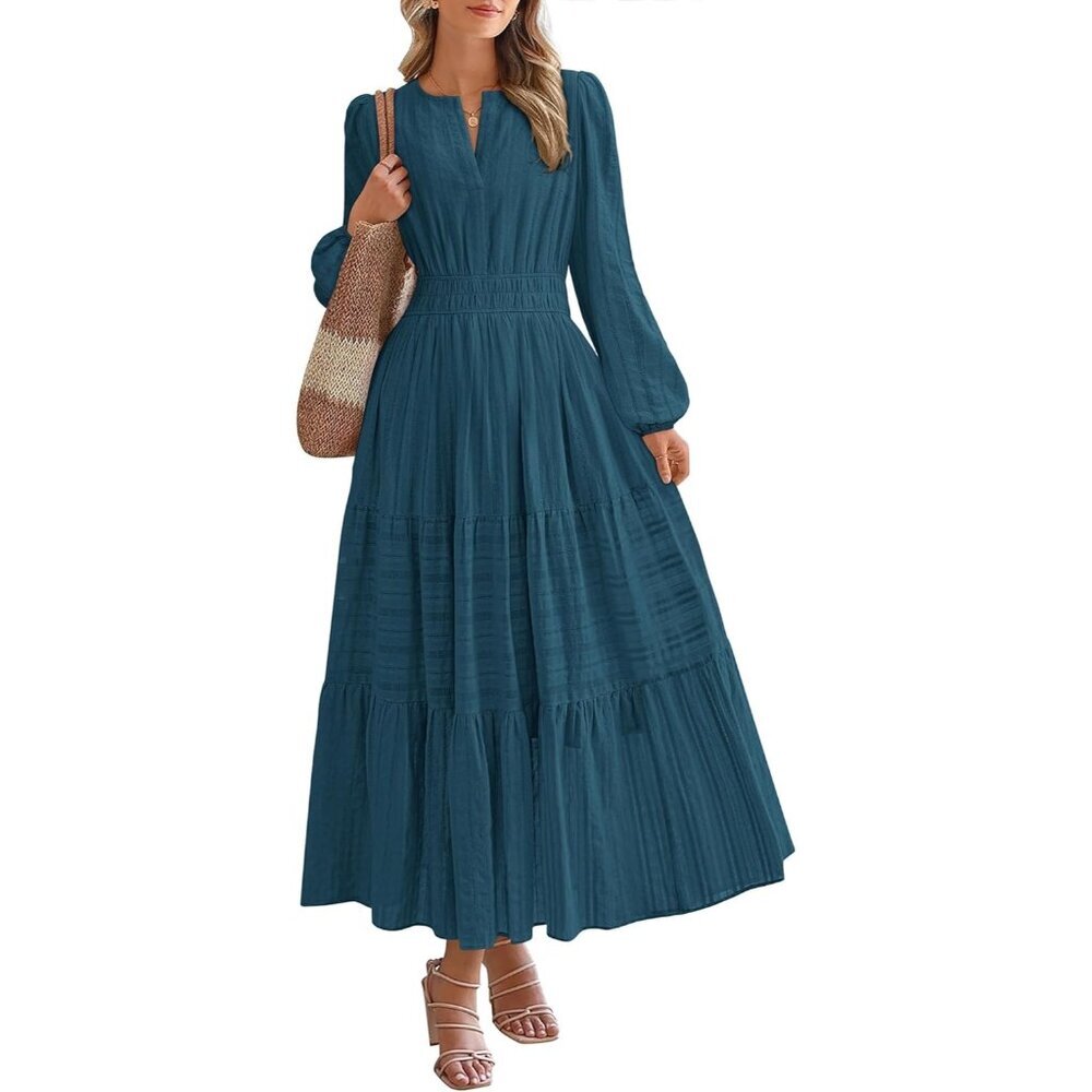 Women Lake Blue Long Sleeve V Neck Elastic Waist Lightweight Maxi Dress Pockets